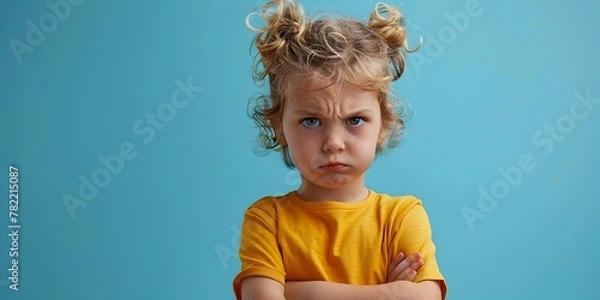 Fototapeta Sulky Child Character with Puffed Cheeks and Brooding Bubble on Teal Background