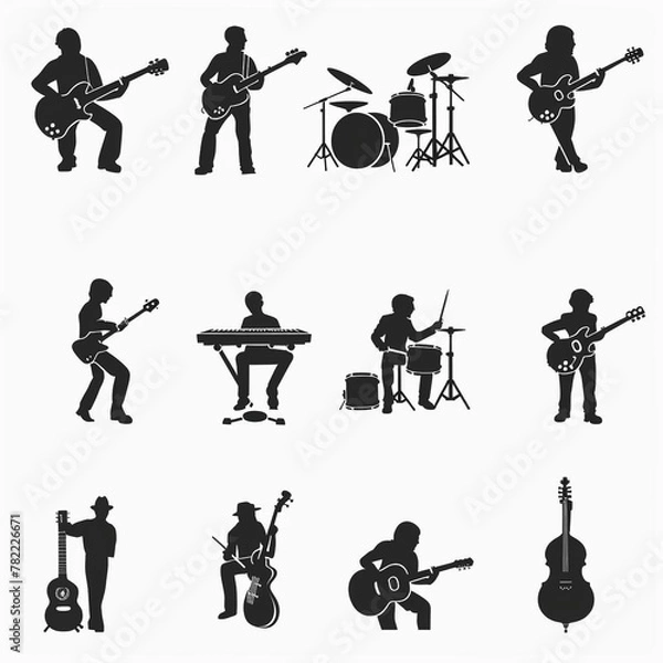 Obraz The image features a collection of nine cartoon-style illustrations of musicians playing various musical instruments