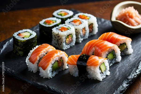 Obraz A spread of sushi and sashimi artfully presented on a slate with natural elements and garnishes, generated by Ai.