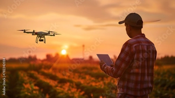Fototapeta Farmer Navigates Drone Through Field,Tablet Displays Real-Time Crop Health Analysis Powered by