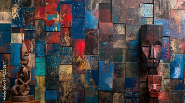 Fototapeta An eclectic backdrop emerges from the marriage of wooden artifacts and vibrant oil paints