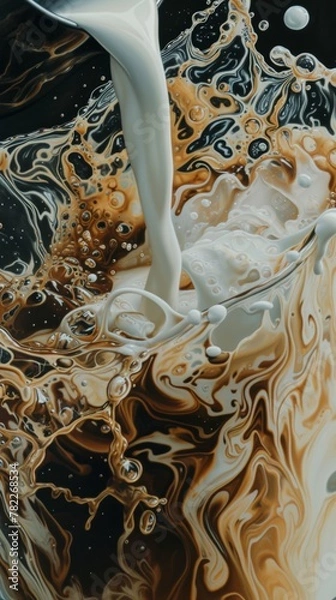 Fototapeta Cream pouring into coffee creating abstract patterns