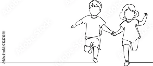 Obraz continuous single line drawing of toddler girl and boy running hand in hand, line art vector illustration