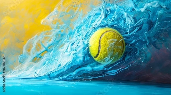 Fototapeta Hyperrealistic drawing of a tennis ball with a detailed cloud of blue smoke swirling around it, set against a vibrant blue and yellow backdrop