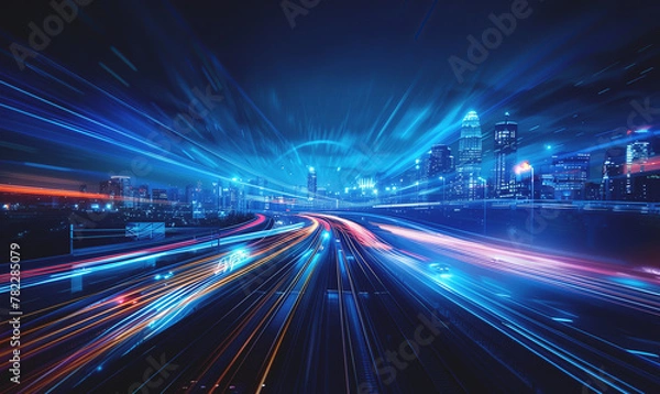 Obraz ultra fast railway train blurred motion perspective, speed and dynamics of big city, urban car traffic concept, creative background