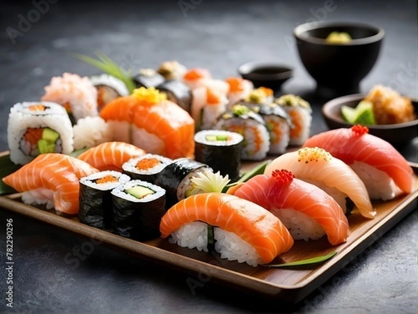 Obraz Close up  roll sushi with vegetables on white rice plate