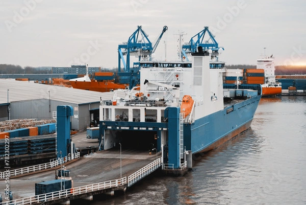 Fototapeta RORO Ship Loading Process In The Trade Port. Opened Rear Hydraulic Ramp During Cargo Operations.