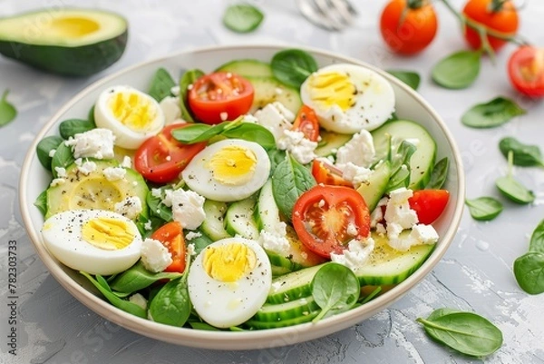 Fototapeta Avocado salad with veggies eggs spinach lemon and ricotta cheese from top