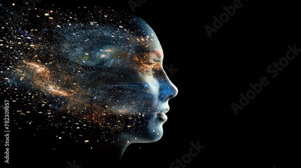 Fototapeta Human Face of Dissolved into Space, Symbolizing the Fusion of Humanity and Technology