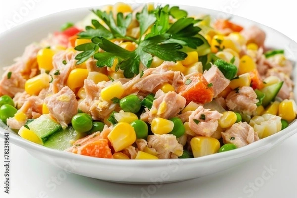 Fototapeta Fresh tuna salad with corn carrot and pea on a white background Mexican corn salad