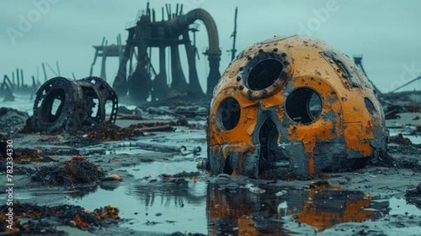 Fototapeta   A yellow-black object sits atop a damp ground near a large structure, surrounded by water's expanse
