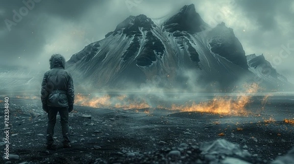 Fototapeta   A person positioned before a mountain, emitting fire from its peak, and a sky adorned with clouds