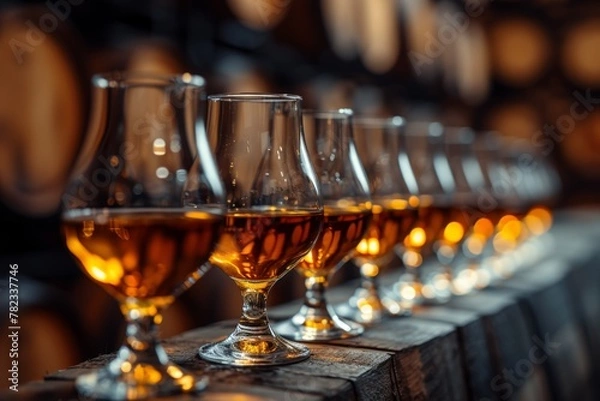 Fototapeta Row of wine glasses on wooden table