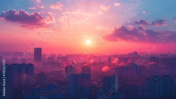 Fototapeta sunset on the city with vaporwave tone color, suitable for wallpaper, posters. Generative AI