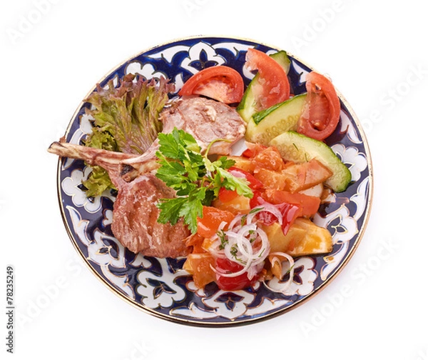 Obraz Meat on a grill with vegetables