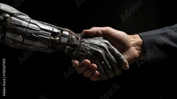 Fototapeta Human and Robot Handshake - Collaboration and Technology Generative AI