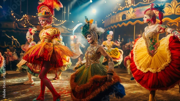 Fototapeta Extravagant Carnival Dancers in Vibrant Costumes Performing at Festive Event