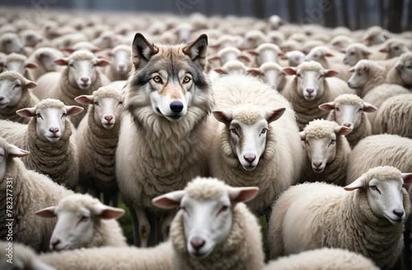 Obraz one wolf among a flock of sheep, a wolf in sheep's clothing