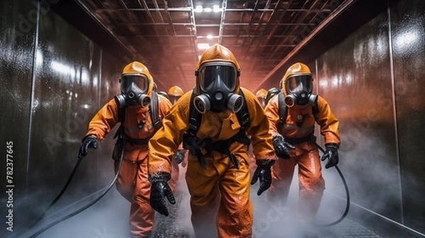 Fototapeta Onboard firefighting crew, part of an emergency response team, equipped for rapid intervention in fire-related incidents aboard ships and vessels.

