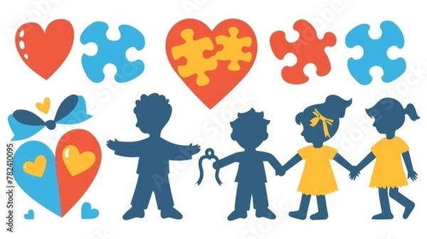 Fototapeta The world day of autism awareness set features colorful puzzle pieces, a silhouette of a girl and boy, a heart figure and a blue ribbon, and international solidarity cartoon symbols on a white