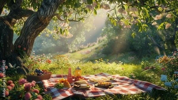 Obraz A picturesque scene of a birthday picnic in a sun-dappled meadow, complete with a checkered blanket spread under a canopy of trees.