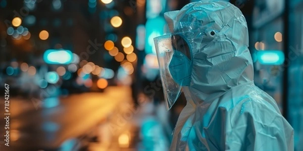 Obraz a man wearing a protective suit and goggles with a face mask