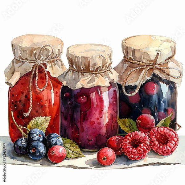 Fototapeta Watercolor illustration of raspberry, blackberry, and cranberry jams in jars. Full view, paper texture, neutral tones. Ideal for food blogs, recipe cards, and culinary designs