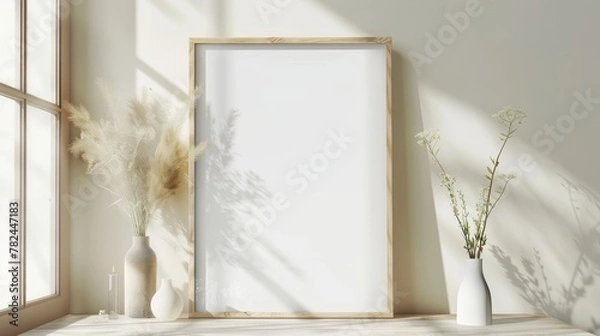 Fototapeta Blank a4 wood frame mockup interior background, circular motion, 3d rendering. living room. Vertical painting plaque mockup. Clear table border with canvas panel template