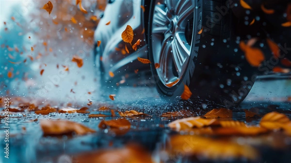 Fototapeta A close-up of the wheel of a car driving on a muddy autumn road full of falling leaves.