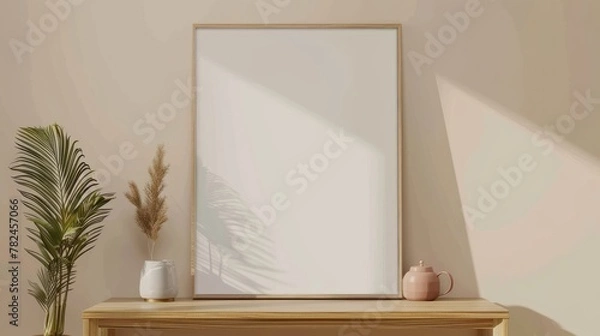 Fototapeta Blank a4 wood frame mockup interior background, circular motion, 3d rendering. Vertical painting plaque mockup. Clear table border with canvas panel template
