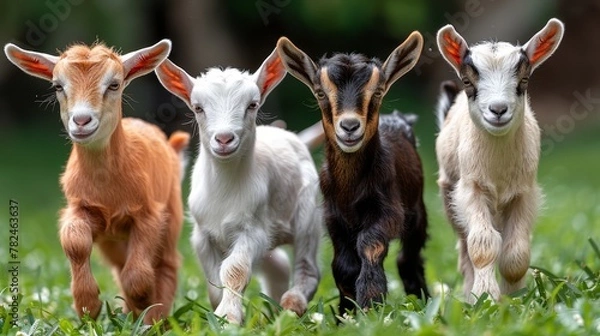 Fototapeta   Three baby goats stand together on a verdant grassy expanse, surrounded by trees in the background