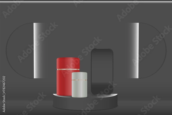 Obraz Semicircular realistic podium with example products, pedestal, black on dark background with white backlight on the wall. Vector illustration.