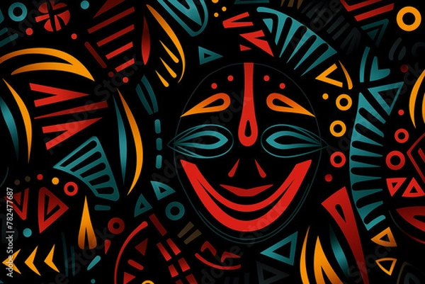 Obraz Tribal Ethnic African pattern in red, yellow, and blue on black background Image 3 of 4