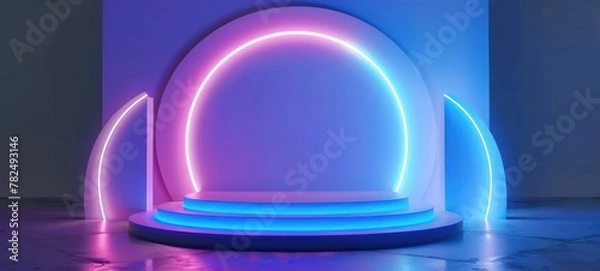 Fototapeta 3d illustration rendering, gaming gamer background abstract wallpaper, cyberpunk style metaverse scifi game, neon glow of stage scene pedestal room