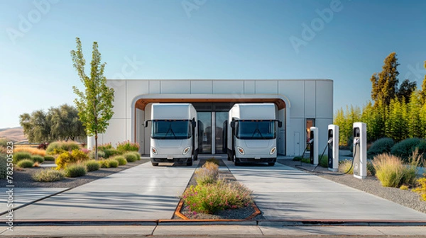 Fototapeta Sustainable public transport solution, electric buses at charging station. Urban green energy, zero emissions commute. Modern cityscape, renewable resources. Ecological network infrastructure.