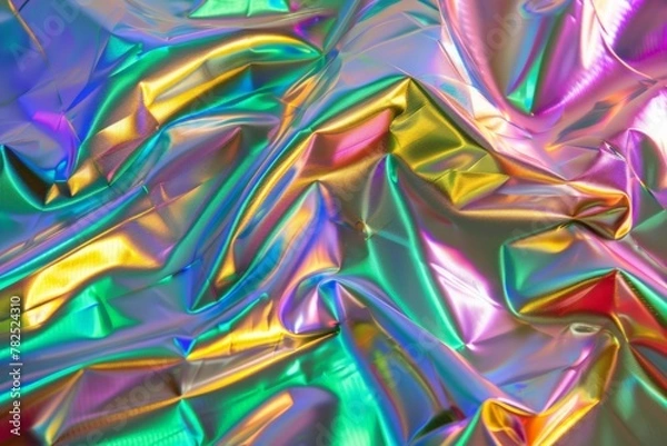 Fototapeta Waves of holographic foil shimmer with radiant hues, creating a dazzling, textured landscape of reflective color.