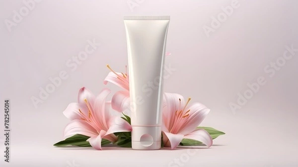 Fototapeta Cosmetic lotion cream tube with a flip cap mockup template. Skin care product on a light background with lilies.  Natural, organic concept.