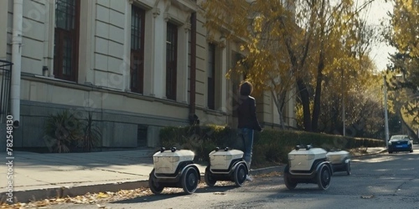 Fototapeta Three autonomous delivery robots drive on a sidewalk next to a person