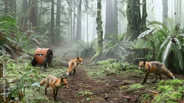 Fototapeta A robot amidst a lush forest with three foxes nearby.