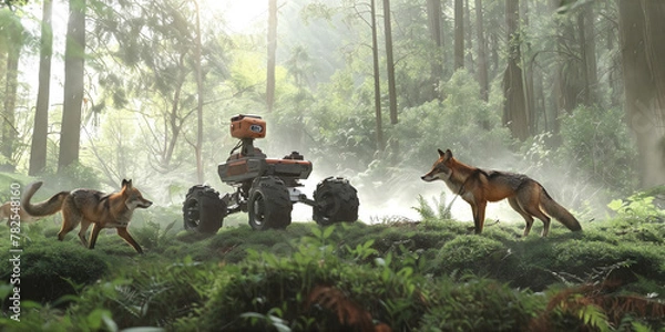 Fototapeta A robot amidst the trees with two foxes nearby