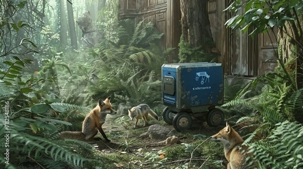 Fototapeta A robot amidst the ruins of a forgotten city is being inspected by a curious fox.