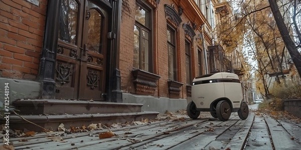 Fototapeta Autonomous delivery robot drives down a city street.