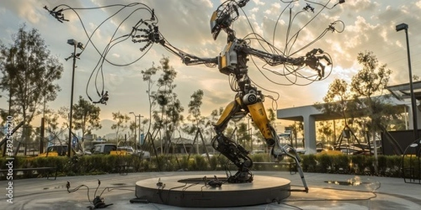 Fototapeta A large metal sculpture of a robot with long arms and legs stands in an urban park. The sculpture is made of yellow metal and has a steampunk aesthetic.
