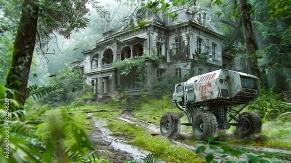Fototapeta A lone vehicle drives through the overgrown ruins of a once great city.