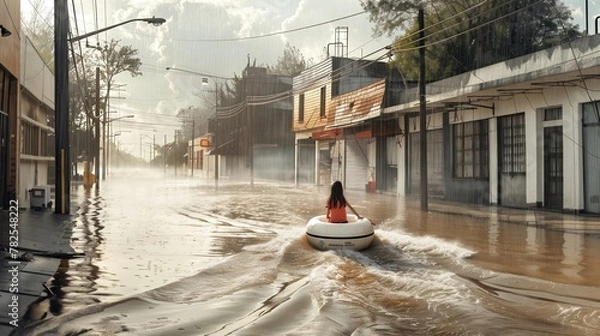 Fototapeta Little girl in an inflatable ring floating down a flooded street with buildings on either side and the water rushing around her.