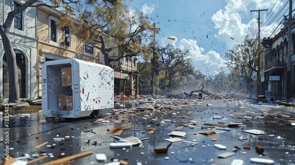 Fototapeta Aftermath of a tornado. The road is covered in debris, and buildings are damaged.