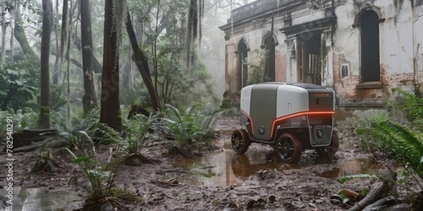 Fototapeta A self-driving electric vehicle drives through a dense jungle towards an abandoned mansion.