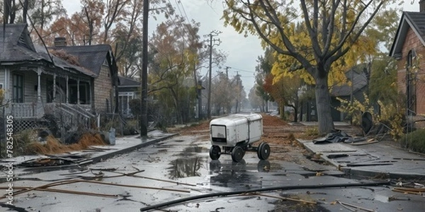 Fototapeta An autonomous electric vehicle drives through a deserted street littered with debris and fallen leaves.