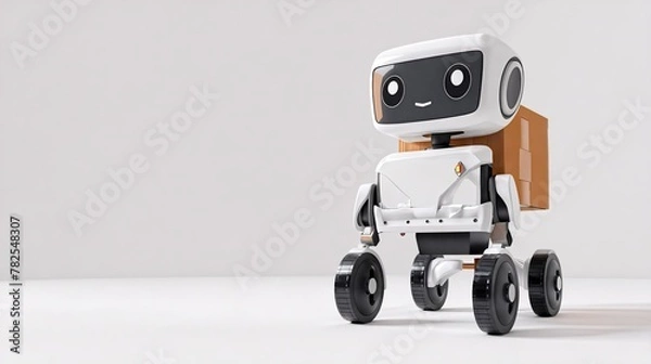 Fototapeta A cute robot carrying a box on a white background.