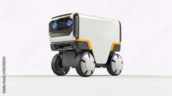 Fototapeta A self-driving delivery robot with a futuristic design and large wheels.